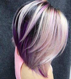 Layered Black, Blonde And Purple Bob Lob Cut, Underlights Hair, Medium Layered Haircuts, Hair Color Burgundy, Medium Layered Hair, Purple Highlights, Colourful Hair, Medium Layered