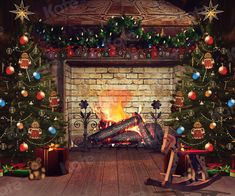 a fireplace decorated for christmas with presents around it