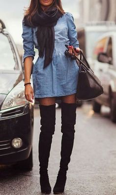 how to wear a dress in winter Outfit Ideas With Boots, Long Sleeve Denim Dress, Black Thigh High Boots, Stylish Winter Outfits, Trendy Outfits Winter, Fashion Friday, Trendy Winter, Mode Inspo, Plus Size Jeans