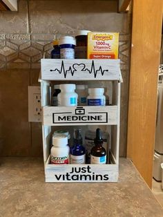 a wooden shelf with medicine bottles on it