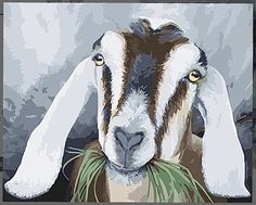 a painting of a goat with grass in its mouth