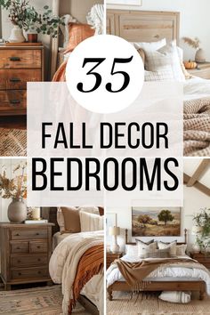 a collage of different bedroom furniture with the text overlay that reads, 35 fall decor