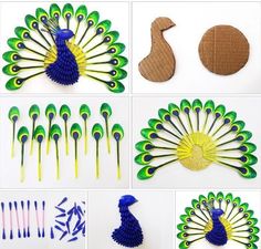 several pictures of peacocks made out of different materials