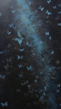 an abstract painting with blue butterflies flying in the air and on top of black ground