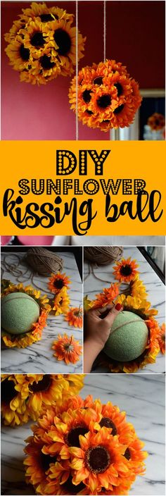 sunflowers are hanging from the ceiling and being used to make a diy kissing ball