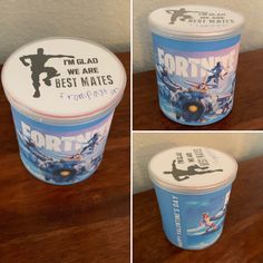 three pictures of yogurt with the words forty on it and two images of an ice cream container