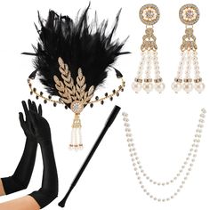 PRICES MAY VARY. 【5 pack 1920 Accessories】A 1920 great gatsby accessories set contains 1 pair of 20.5” black gloves, 1 pc 46.5” headband, 1 pair of 3” earrings, 1pc 68” pearl necklace, and 1pc 6.6-13.8” plastic holder. 【Beautiful Feather Jeweled Headband】 This headband is the punchline of this Mezchi flapper accessory. The elegant black feathers complement the pearls on the band, making it retro and charming. Wearing it and back to the roaring 1920! 【Sparkling Necklace and Earrings】Our 1920s acc Elegant Costume Accessories For Mardi Gras Party, Elegant Mardi Gras Costume Accessories For Party, Elegant Gold Costume Accessories For Party, Elegant Black Costume Accessories For Evening, Elegant Black Costume Accessories For Formal Events, Elegant Black Costume Accessories For Formal Occasions, Elegant Black Evening Costume Accessories, Elegant Black Costume Accessories For Mardi Gras, Elegant Black Costume Accessories For Costume Party