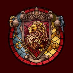 a stained glass window with a lion on it's face and the words, oyffindor