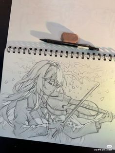 a drawing of a girl playing the violin with a pencil in her hand, next to a piece of wood