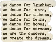 a piece of paper with words written in black and white on the bottom, along with an image of two dancers