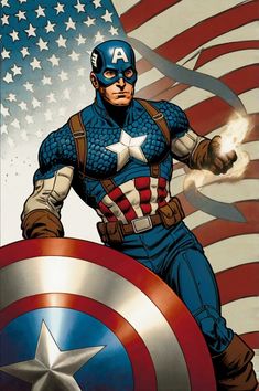 the captain is holding his shield in front of an american flag and pointing at something