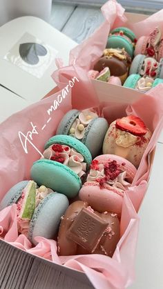 a box filled with lots of different colored macaroons