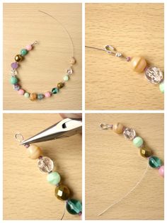 four pictures showing how to make a beaded bracelet with beads and charms on it