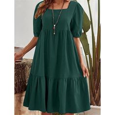 Season:Summer,Spring; Fabric:Linen; Sleeve Length:Short Sleeve; Look After Me:Machine wash; Gender:Women's; Style:Basic,Modern; Elasticity:Inelastic; Occasion:Daily,Weekend; Fit Type:Loose Fit; Dresses Type:Casual Dress,Cotton Linen Dress; Pattern:Plain; Design:Ruffle; Neckline:Square Neck; Front page:FF; Listing Date:04/10/2024; Production mode:External procurement; Bust:; Length:; Shoulder Width:; Sleeve:; Waist:; Dress Length Type:Midi Dress; Print Type:non-printing Bohemian Beach Dress, Dress Women Elegant, Cotton Linen Dresses, Dress Linen, Dress Cotton, Green Midi Dress, Midi Shirt Dress, Dress Midi, Vintage Casual