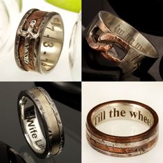 four different types of rings with words on them