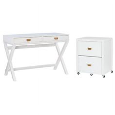 two white desks with one drawer and the other on casteors, both side by side