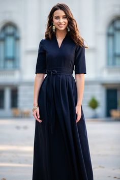 "Classic dark blue maxi dress with pleats ➤ Features > dress lenght: 150 cm / 59,05\" > mid sleeves > v neckline > pleats in skirt part > waistband ➤ Sizing My Size Guide in FAQ section below will help you define the perfect size match. The item can also be made according to your measurements - just message them to me. ➤ Delivery Your item is made-to-order and will be ready within 2-7 days. Average delivery times: > North America: up to 1-2 weeks > New Zealand, Australia: up Maxi Elegant Dress, Dark Blue Maxi Dress, Dress With Pleats, Royal Blue Dress, Oversized Dress, Plus Size Maxi, Blue Maxi, Plus Size Maxi Dresses, Maxi Dress Blue