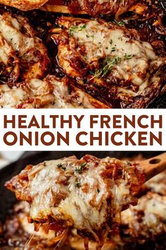 chicken parmesan is being cooked in a skillet with the words healthy french onion chicken