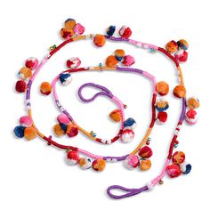 a multicolored leash with pom - poms attached to it on a white background