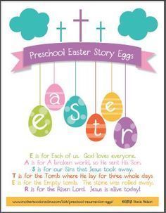 an easter card with eggs hanging from the cross and words written in different languages on it