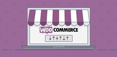 a laptop with the word woocommerce on it sitting in front of a purple background