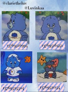 four pictures of different cartoon bears with numbers on them and the same character in each picture