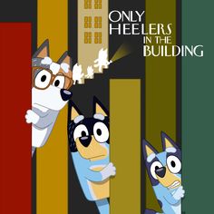 two cartoon dogs standing next to each other in front of a building with the caption only heelers in the building