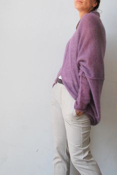 "Mohair sweatshirt, heather cardigan, sweater, purple cardigan, bohemian jacket, gift for her, oversize cardigan, mohair cardigan, silk cape, mohair sweater, knit sweater, bridal cardigan, bridal sweater, bohemian cardigan. This long sleeved sweater is an ideal cover up to create your own special look for all seasons. So comfy, fuss free and great for layering. Balance the dramatic draping with leggings or your favorite skinny jeans. Go for a casual, lived in feel or dress it up for a dramatic e Knitted Ponchos, Posh Clothing, Wedding Sweater, Bridal Sweater, Diy Clothes Accessories, Oversize Cardigan, Silk Cape, Bohemian Jackets, Purple Cardigan