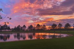 the sun is setting over a pond and some trees in the distance with clouds above it