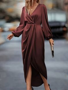 Shop Allegra K for satin v neck puff long sleeve hi-lo hem midi dress you are looking for, get more women's dresses for yourelf. Order now! Free Returns! Sukienki Plus Size, 파티 드레스, Wedding Guest Outfits, Lantern Sleeve Dress, V Neck Midi Dress, Estilo Chic, Satin Midi Dress, Skirt Style, Polyester Dress