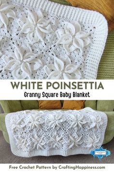 white poinsettia granny square baby blanket is shown with the text overlay