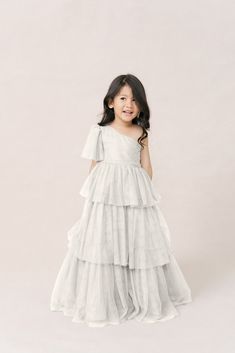 Model: Mia; Size: 4T; Color: White Pearl Wedding Parties Colors, Tiered Tulle Skirt, Bridesmaid Dress Colors, Asymmetrical Neckline, Colorful Party, Pink Summer, Vow Renewal, Boho Summer, Size 4t