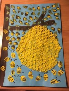 a painting made to look like a beehive on a tree with bees around it