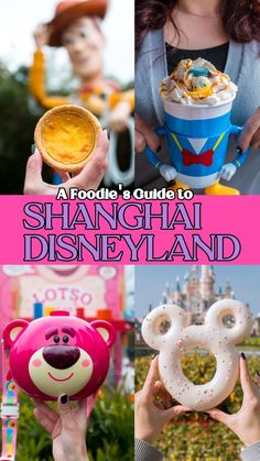 the disneyland food guide is shown in this collage