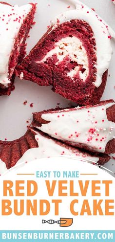 red velvet bundt cake with white frosting and sprinkles