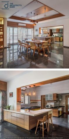 two pictures of the same kitchen and dining room in different rooms, one is empty