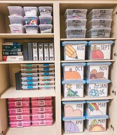 a book shelf filled with lots of books and plastic containers