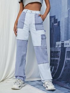 High Waist Color Block Cargo Jeans | ROMWE USA Color Block Denim Jeans Outfit, Color Block Cargo Pants, Two Tone Jeans, School Clothes, Jeans Cargo, Pantalon Large, Fashion Icon