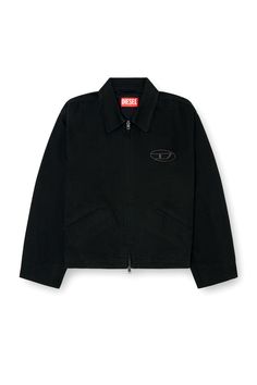 This men's black denim jacket features two different versions of the iconic Oval D logo – one embroidered on the chest in tone-on-tone, the other rendered as a bold frayed appliqué with bleached effects on the back. It's cut in a regular-fit blouson shape and lined for smooth layering.-Regular fit;Welt pockets;Snap-button cuffs and hem tabs;Two-way zip closure;Lined Denim Jacket Black, Diesel Jacket, Blouson Jacket, Baggy Style, Street Fashion Men Streetwear, Mens Fashion Casual Outfits, Black Denim Jacket, Logo Black