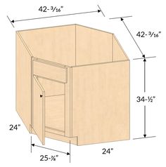 the measurements for an unfinished kitchen cabinet with doors and drawers on each side, including one door