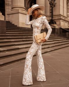 Sexy Prom Jumpsuit With Jewel Long-sleeves Appliques Lace Evening Dresses Made of Pants Suit Party Slim Jumpsuit, Lace Pants, Lace Jumpsuit, White Jumpsuit, Long Sleeve Jumpsuit, Womens Basic, Lace Fashion, Lace Pattern, Spring Outfits Casual