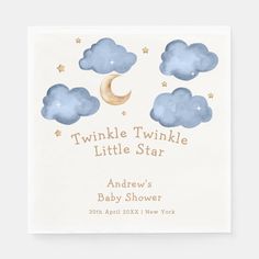 a blue and white baby shower with clouds, stars and the words twinkle twinkle little star