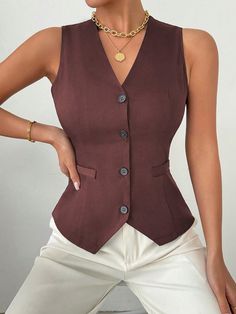 V-Neck Solid Color Front Button Short Vest Blazer Red Casual  Sleeveless Woven Fabric Plain vest Slight Stretch  Women Clothing, size features are:Bust: ,Length: ,Sleeve Length: Short Blazer Outfits For Women, Short Blazer Outfits, Vest Outfit Ideas, Plain Vest, Pants Rack, Short Blazer, Blazer Outfits For Women, Women Vest, Vest Outfit