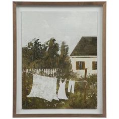 Dimensions: 20.75" H x 16.75" x 1.25" D Material: MDF & Glass Shape: Rectangle Color: Brown, White, Green & Gray Orientation: Vertical Includes: 2 D-Rings Age Grade: 14+ Quantity: 1 Give any room a charming aesthetic by displaying this Clothesline & Home Framed Wall Decor. This piece features a painterly image of a house next to a lush green forest. Faint clouds dot the sky as laundry dries on a clothesline in front of the house. The white pants, shirt, and floral sheet stand out against the gre Laundry Room Prints, Mudroom Wall Decor, Laundry Room Ideas Green, Hobby Lobby Laundry Room Decor, Vintage Lake House Decor, Laundry Room Decorations, Green Laundry Room, Bathroom Revamp, Lush Green Forest