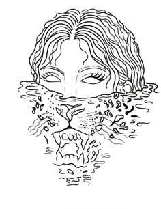 a drawing of a girl with her face in the water, and an animal's head