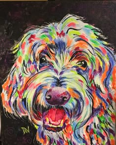 a painting of a colorful dog on a black background