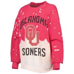 The Women's Gameday Couture Crimson Oklahoma Sooners Twice As Nice Faded Dip-Dye Pullover Long Sleeve Top is a must-have for any devoted Oklahoma Sooners fan. Its lightweight fabric and dip-dye design make it perfect for game day or any day you want to show your support for the Sooners. The screen print graphics with distressed details give it a vintage look that will make you stand out from the crowd. Whether you're cheering on the Sooners at the stadium or just hanging out with friends, this t Tie Dye Sweatshirt For Winter, Cotton Logo Print Sweatshirt For Game Day, Red Game Day Sweatshirt For Sports Season, Cotton Graphic Print Sweatshirt For Game Day, Team-colored Cotton Sweatshirt For Game Day, Pink Long Sleeve Washed Sweatshirt, Pink Washed Long Sleeve Sweatshirt, Cotton Sweatshirt For Game Day, Football Season, Gameday Couture