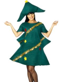 a woman dressed in a green christmas tree costume