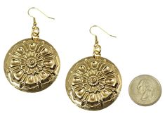 Bring iconic Victorian-style fashion into your day-to-day life with these beautiful Victorian Button Nu Gold Disc Earrings. The earrings feature ornate details that are molded into circular shapes, and they are finished by hand to make them into something that is truly one of a kind. The disc earrings are fashioned out of durable Nu Gold Brass that is naturally resistant to rust and corrosion, while the polymer coating goes one step further to prevent tarnishing. The ear wires of the jewelry are Gold Disc Earrings, Honey Bee Earrings, Art Nouveau Earring, Copper Cuff Bracelet, Copper Cuff, Gold Disc, Disc Earrings, Victorian Jewelry, Gold Brass