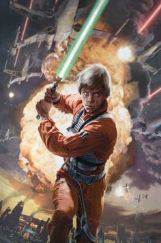 a star wars fan art painting of luke sky walker with lightsabens in the background